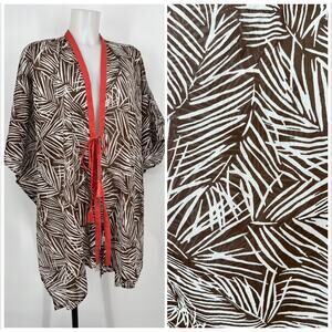 Helen Jon Open Front Caftan Paradise Palms M/L NEW Brown Coral Cotton Cover Up